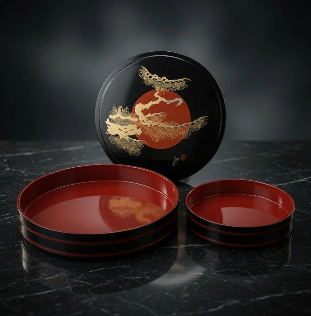 Vintage Japanese Urushi Lacquerware Sushi Oke Round Serving Set Lid 11.75